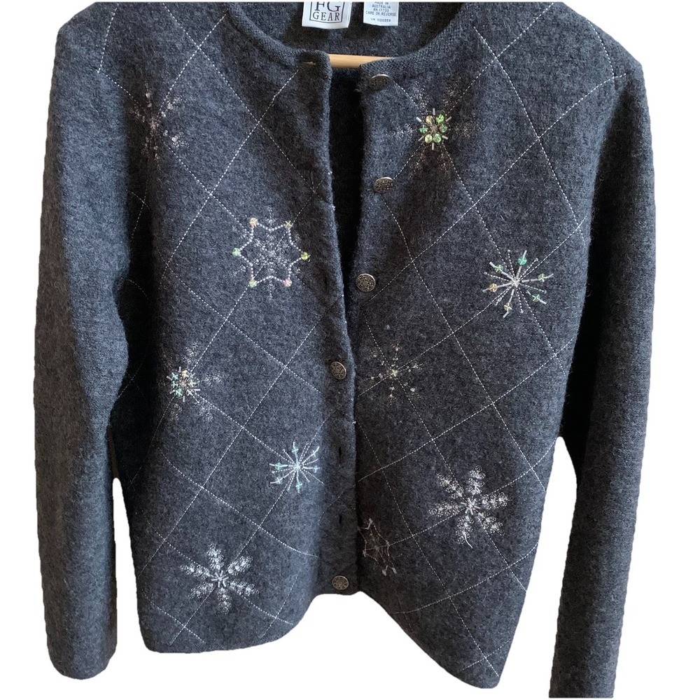 Vintage Field Gear Holiday Cardigan Sweater Boiled 100%Wool Snowflakes SZ-S grey